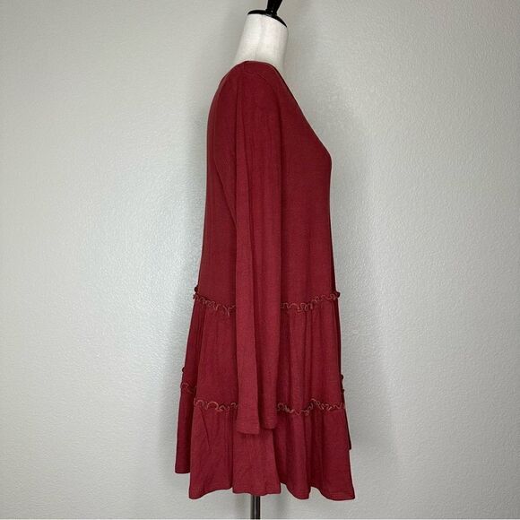 Pink Lily Burgundy Waffle Knit Tiered Ruffle Skirt Long Sleeves Dress - Picture 5 of 11